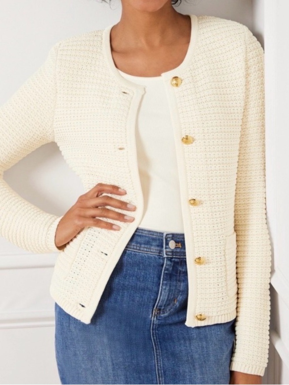 Talbots Kate Cardigan Cream Textured Knit Gold Button Round Neck Women's M